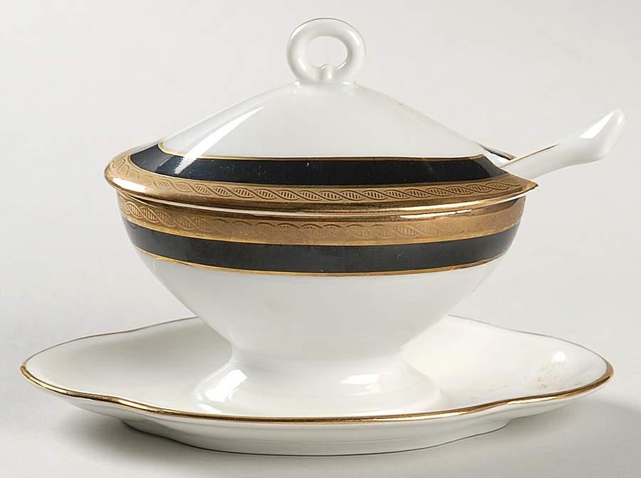Palermo Black Oval Mustard w/Lid, Attached Underplate & Spoon by Ginori 1735-1