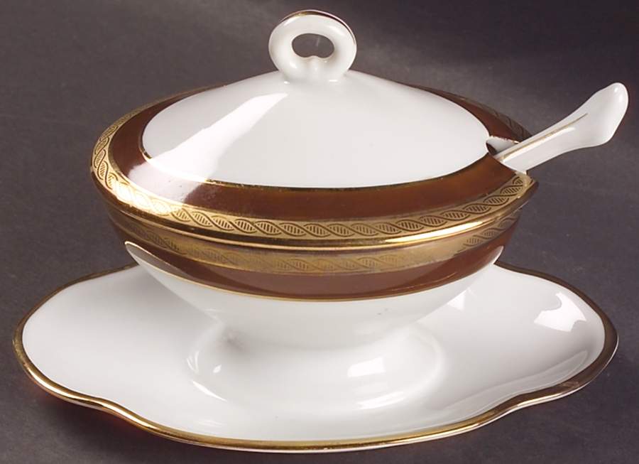 Palermo Brown Oval Mustard w/Lid, Attached Underplate & Spoon by Ginori 1735-1