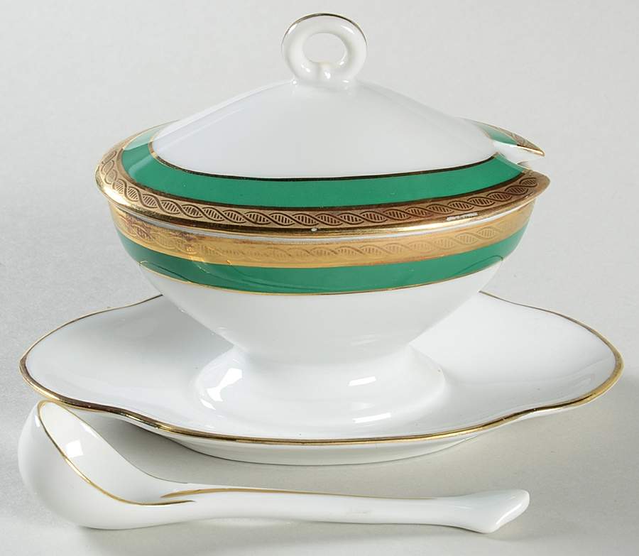 Palermo Green Oval Mustard w/Lid, Attached Underplate & Spoon by Ginori 1735-1
