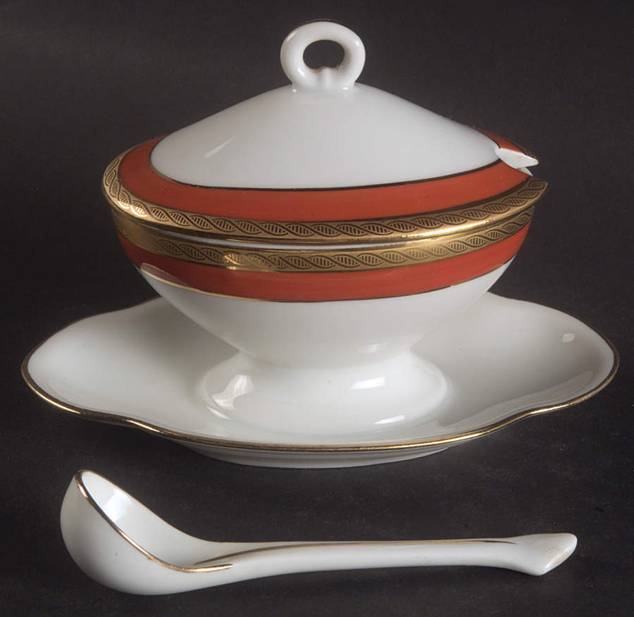Palermo Rust (Red) Oval Mustard w/Lid, Attached Underplate & Spoon by Ginori 1735-1