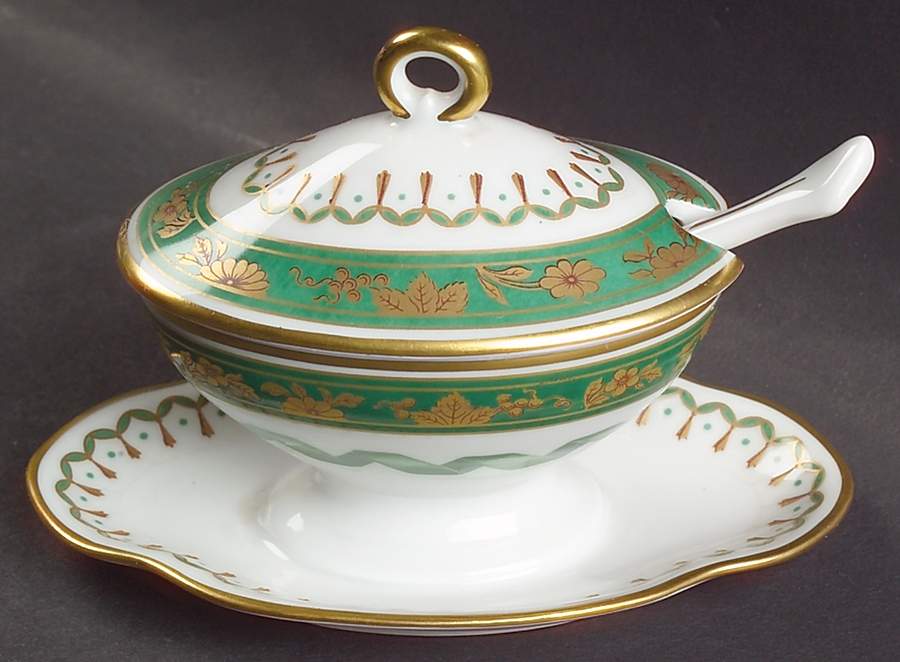 Pincio Green Oval Mustard w/Lid, Attached Underplate & Spoon by Ginori 1735-1