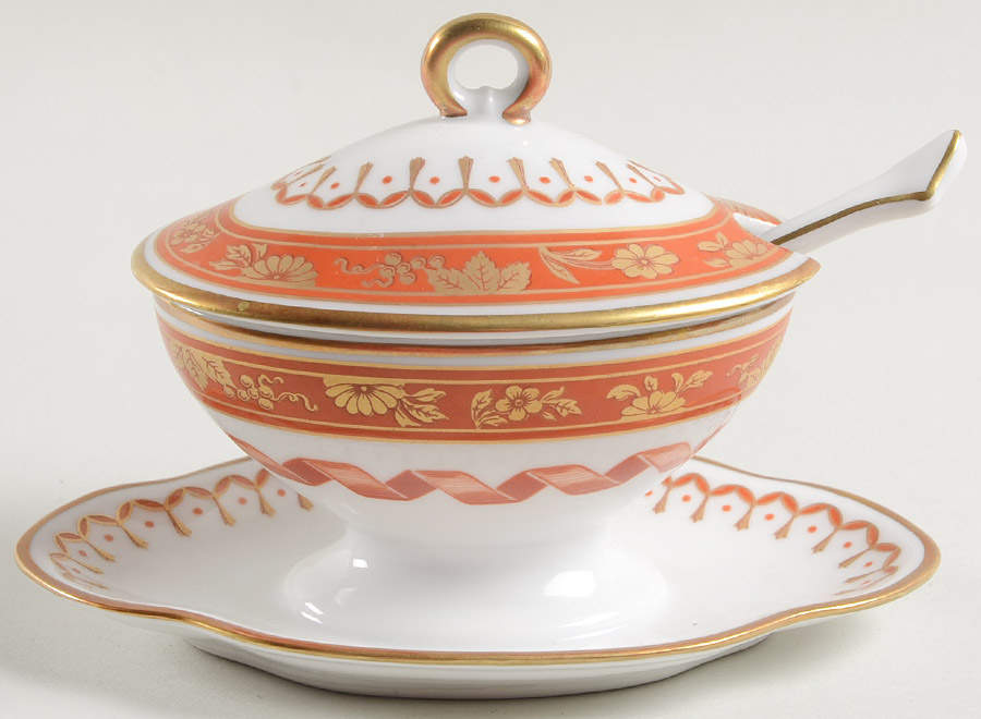 Pincio Red Oval Mustard w/Lid, Attached Underplate & Spoon by Ginori 1735-1