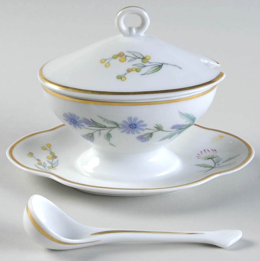 Primavera Oval Mustard w/Lid, Attached Underplate & Spoon by Ginori 1735-1