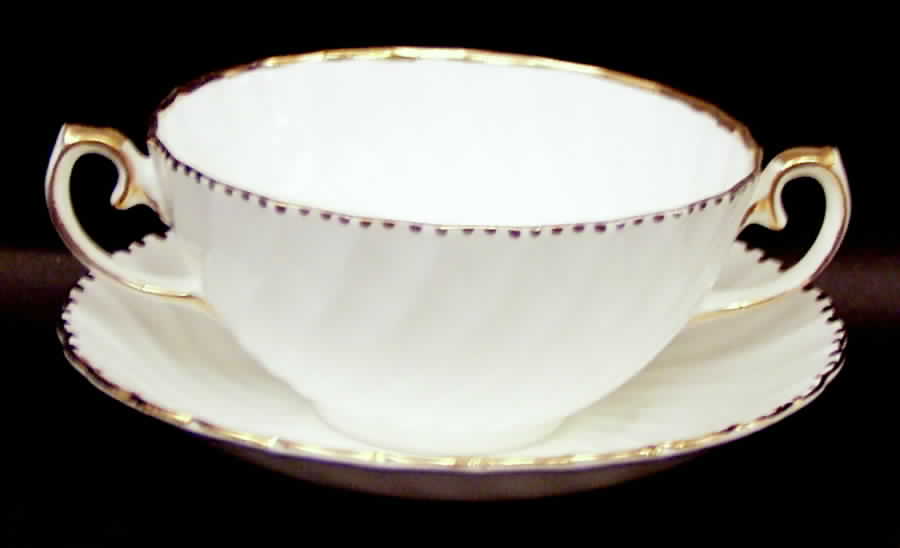 Old Grecian Flute Gold (Gold Dots On Edge) Flat Cream Soup Bowl & Saucer Set by Gladstone-1