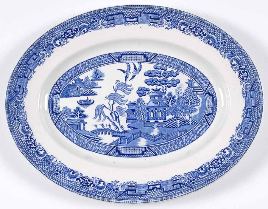 Willow Blue 14" Oval Serving Platter by Globe Pottery (England)-1