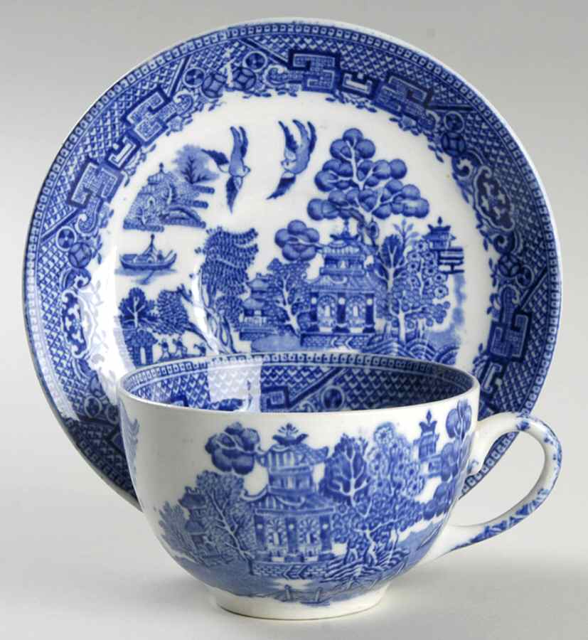 Willow Blue Flat Cup & Saucer Set by Globe Pottery (England)-1