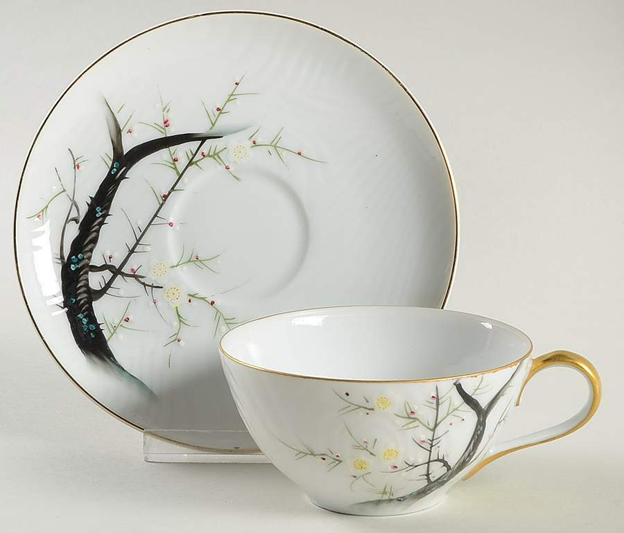 White Plum Flat Cup & Saucer Set by Gold China-1