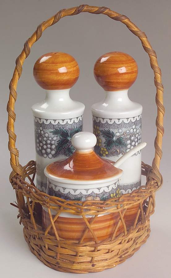 Burgund Condiment Set in Wicker Holder, Salt Pepper & Must by Goebel-1