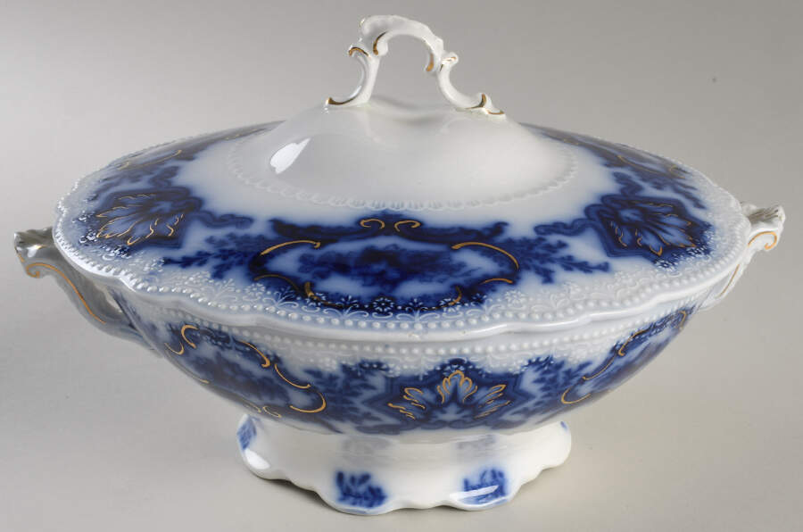 Alaska (Flow Blue, Gold Ring) Round Covered Vegetable by Grindley-1