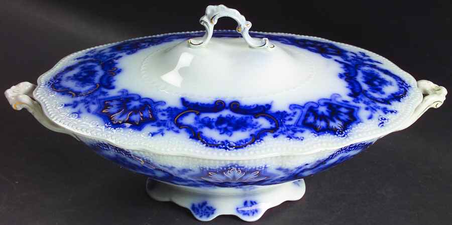 Alaska (Flow Blue, Gold Ring) Oval Covered Vegetable by Grindley-1