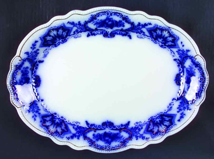 Alaska (Flow Blue, Gold Ring) 14" Oval Serving Platter by Grindley-1