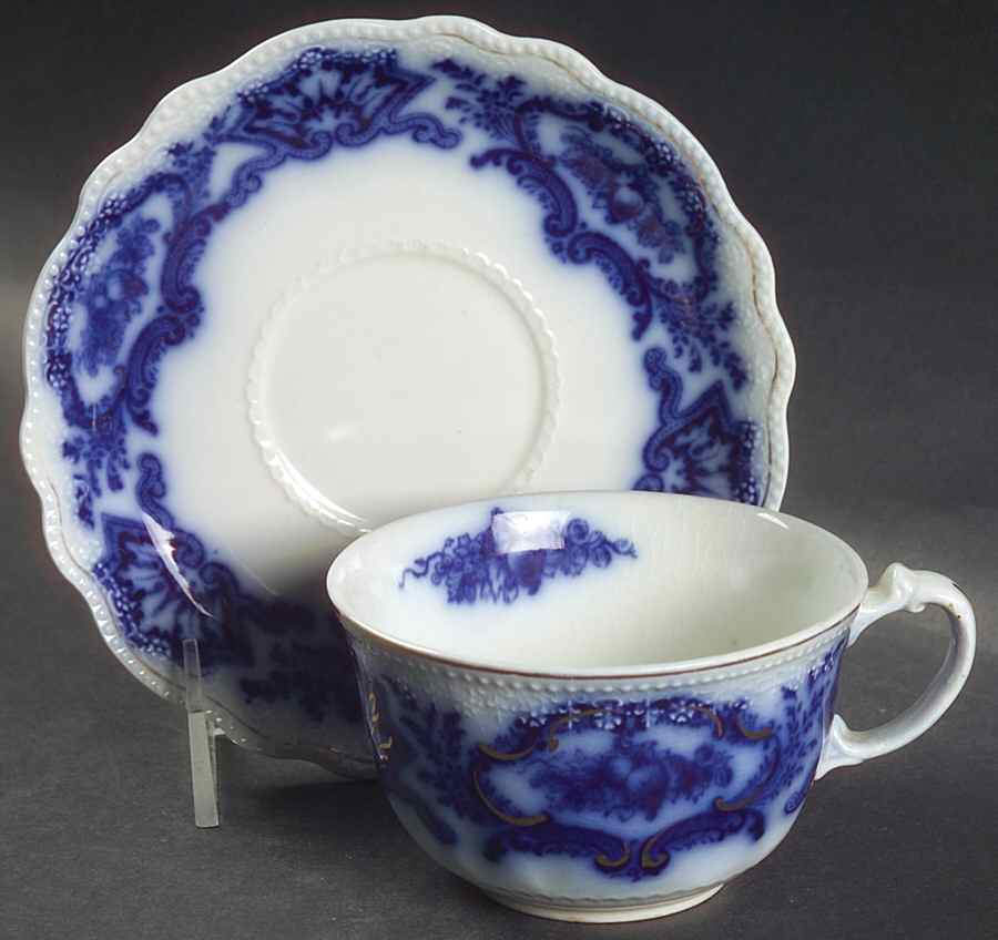 Alaska (Flow Blue, Gold Ring) Flat Cup & Saucer Set by Grindley-1