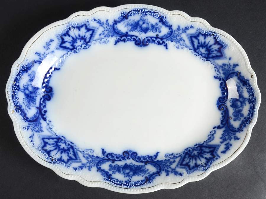 Alaska (Flow Blue, Gold Ring) 11" Oval Serving Platter by Grindley-1