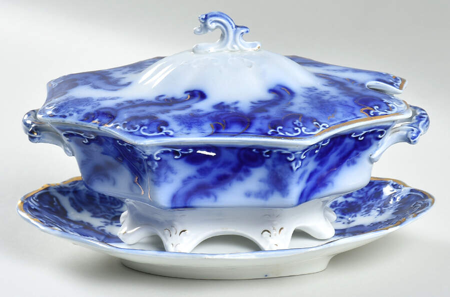 Argyle (Flow Blue) Sauce Boat & Lid with Underplate by Grindley-1