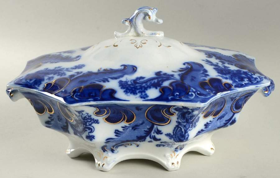 Argyle (Flow Blue) Round Covered Vegetable by Grindley-1