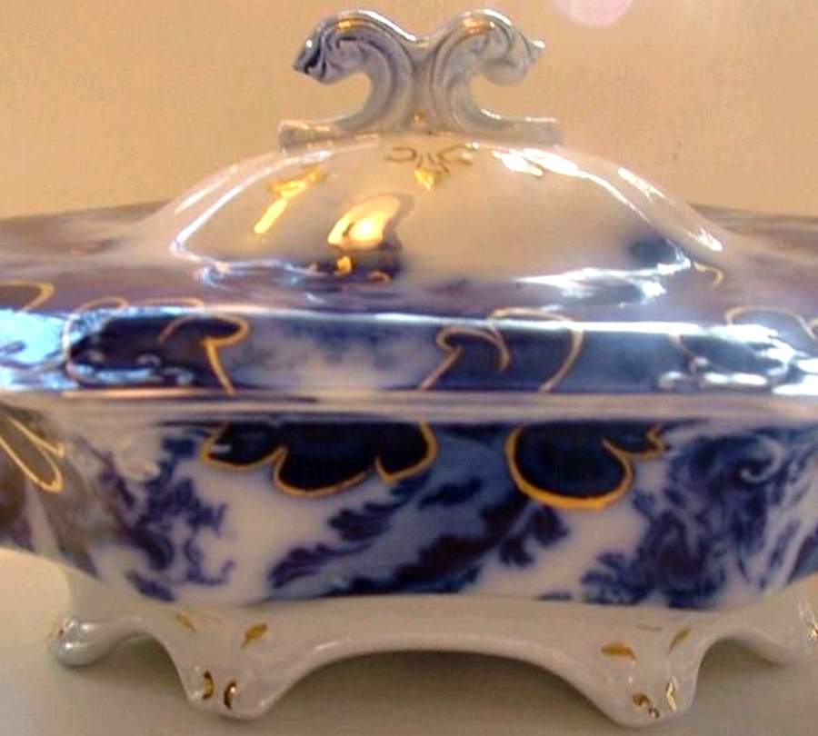 Argyle (Flow Blue) Oval Covered Vegetable by Grindley-1