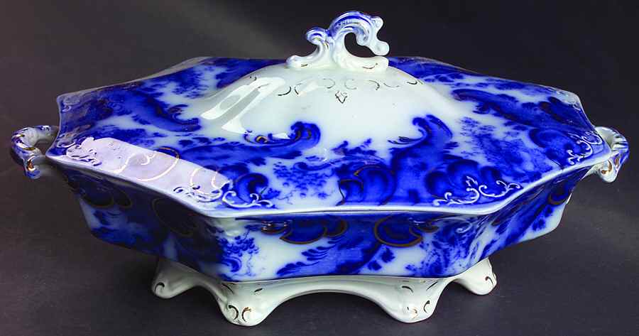 Argyle (Flow Blue) Oval Covered Vegetable by Grindley-1