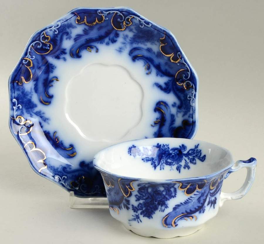 Argyle (Flow Blue) Flat Cup & Saucer Set by Grindley-1