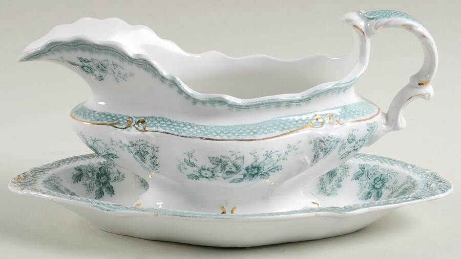Brussels Green (Gold Trim) Gravy Boat & Underplate by Grindley-1