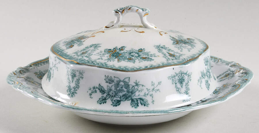 Brussels Green (Gold Trim) Round Covered Butter by Grindley-1
