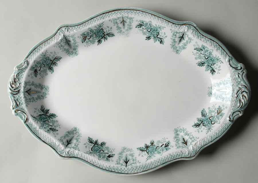 Brussels Green (Gold Trim) 15" Oval Serving Platter by Grindley-1