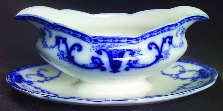 Denton (Flow Blue) Gravy Boat with Attached Underplate by Grindley-1