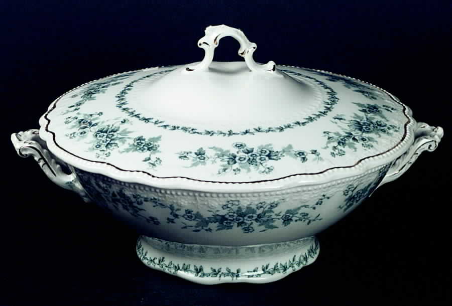 Eileen (White Background, Gold Trim) Round Covered Vegetable by Grindley-1