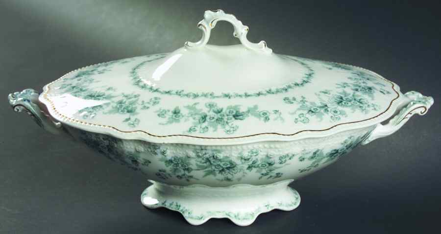 Eileen (White Background, Gold Trim) Oval Covered Vegetable by Grindley-1