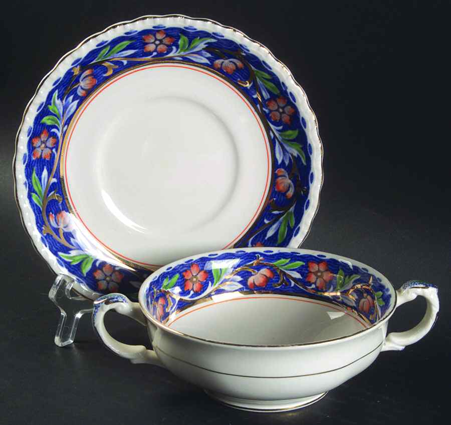 Elysian (White with Multi) Footed Cream Soup Bowl & Saucer Set by Grindley-1