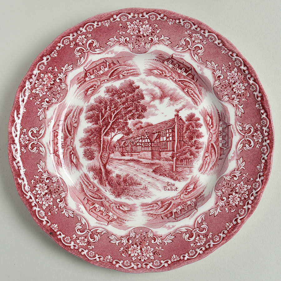 English Country Inns Pink Luncheon Plate by Grindley-1