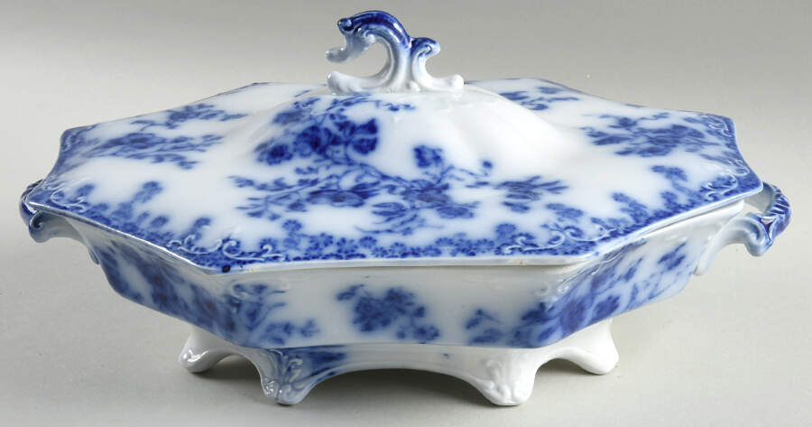 Janette (Flow Blue) Oval Covered Vegetable by Grindley-1
