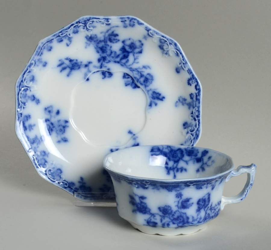 Janette (Flow Blue) Flat Cup & Saucer Set by Grindley-1