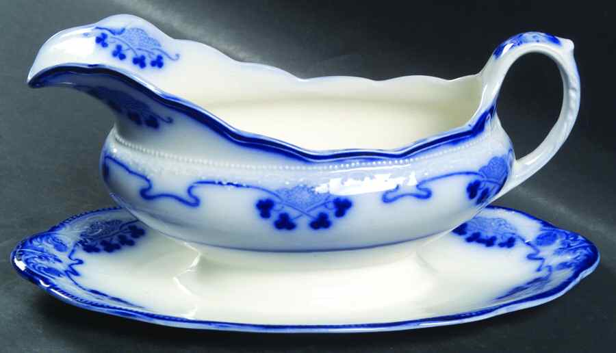 Lorne (Flow Blue) Gravy Boat with Attached Underplate by Grindley-1