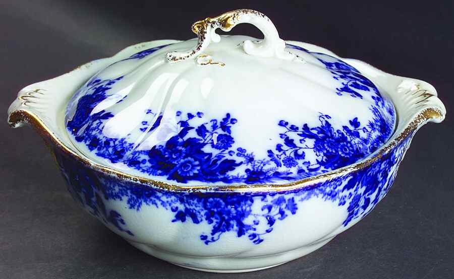 Marguerite (Flow Blue) Round Covered Vegetable by Grindley-1