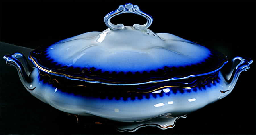 The Marquis (Flow Blue with Gold) Oval Covered Vegetable by Grindley-1