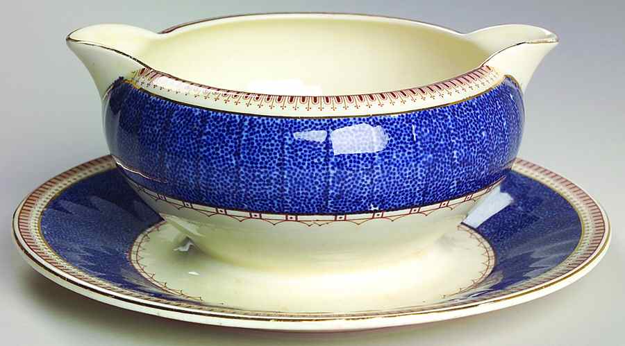 Melrose (Wide Blue Rim, Smooth) Gravy Boat with Attached Underplate by Grindley-1