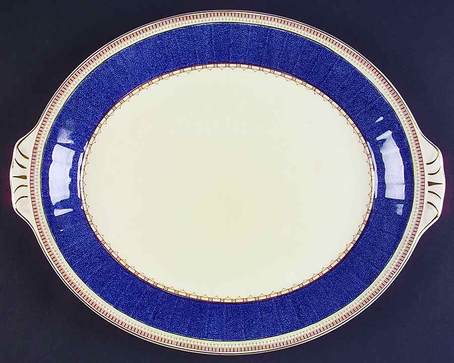Melrose (Wide Blue Rim, Smooth) 14" Oval Serving Platter by Grindley-1