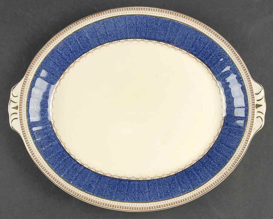 Melrose (Wide Blue Rim, Smooth) 12" Oval Serving Platter by Grindley-1