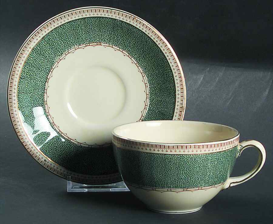 Melrose (Wide Green Rim, Smooth) Flat Cup & Saucer Set by Grindley-1