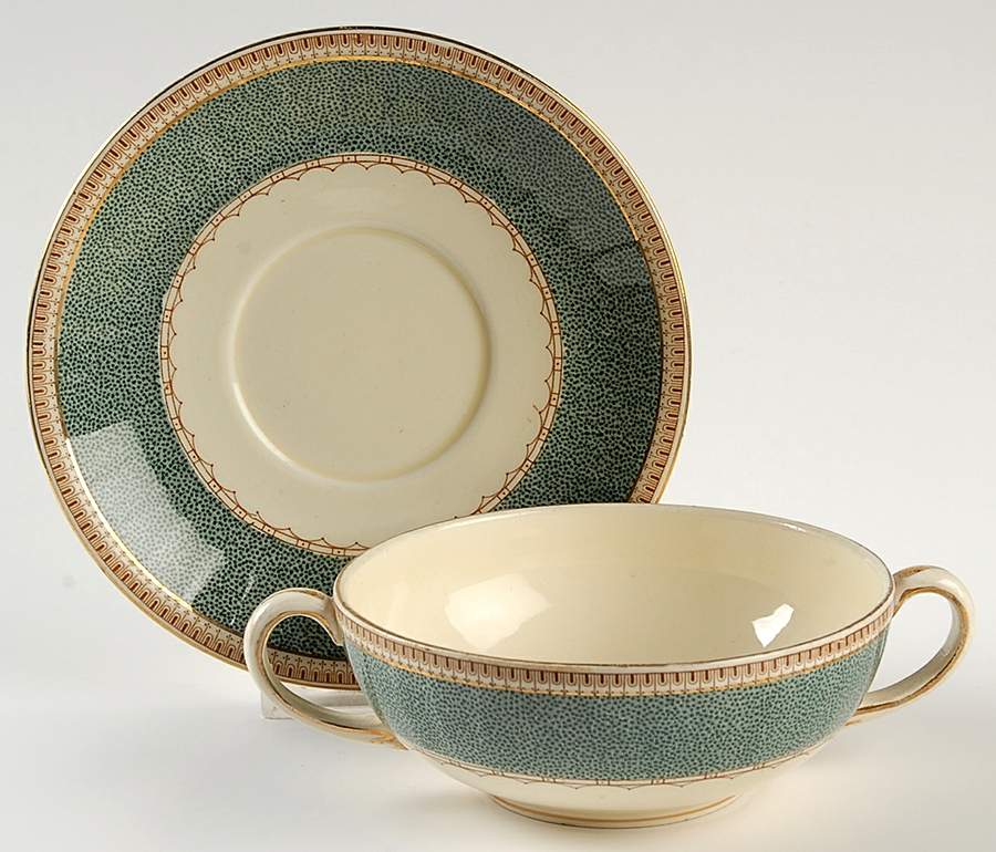 Melrose (Wide Green Rim, Smooth) Flat Cream Soup Bowl & Saucer Set by Grindley-1