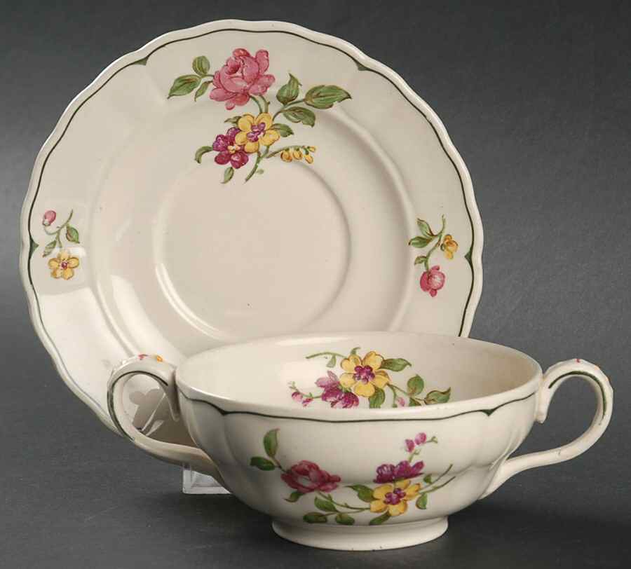 Melrose Rose Floral (Marlborough) Footed Cream Soup Bowl & Saucer Set by Grindley-1