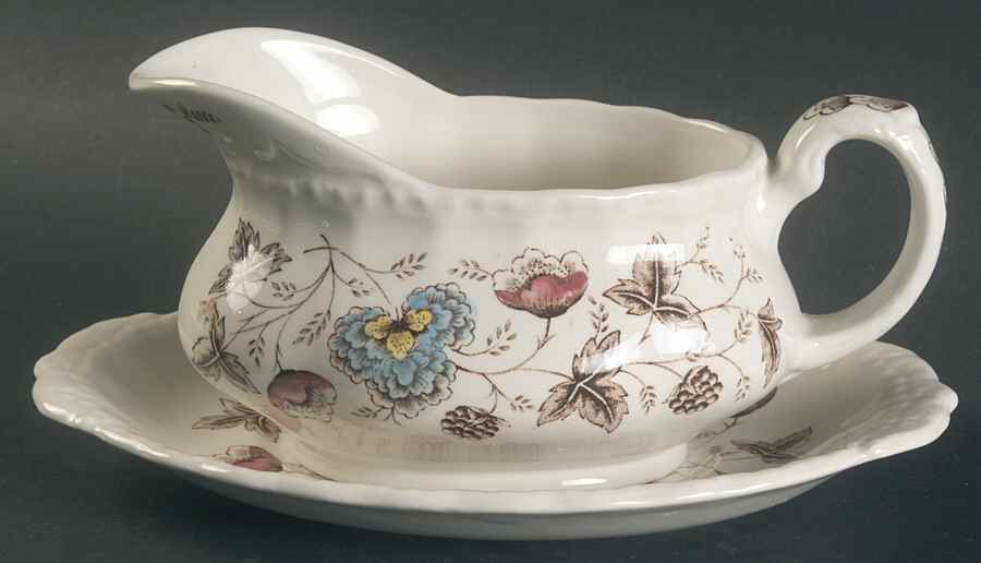 Old Chelsea Multicolor (Cream Background) Gravy Boat & Underplate by Grindley-1