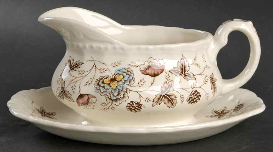 Old Chelsea Multicolor (Cream Background) Gravy Boat with Attached Underplate by Grindley-1
