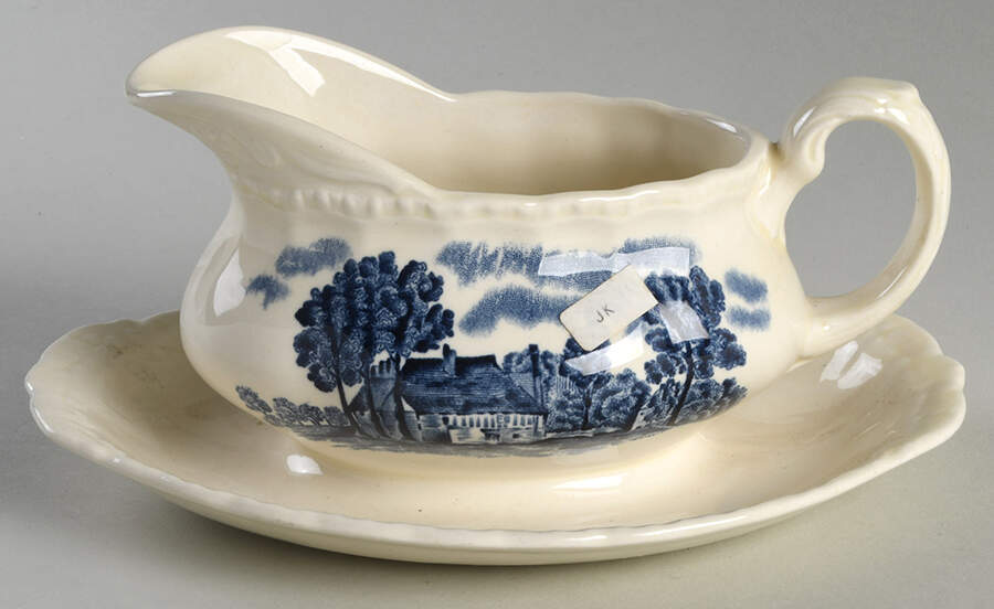 Scenes After Constable Blue (Center Design) Gravy Boat with Attached Underplate by Grindley-1