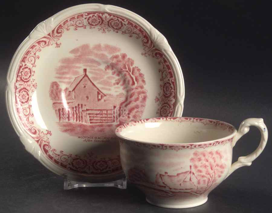 Scenes After Constable Pink (Cream) Flat Cup & Saucer Set by Grindley-1