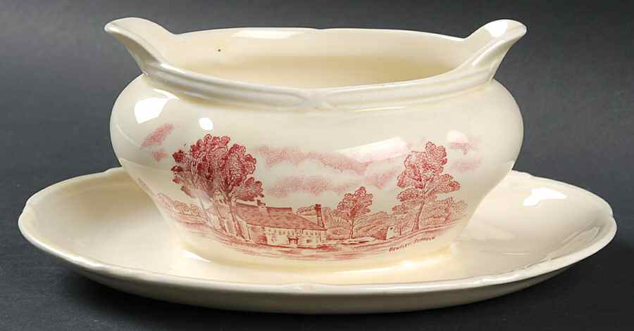 Scenes After Constable Pink (Center Design) Gravy Boat with Attached Underplate by Grindley-1