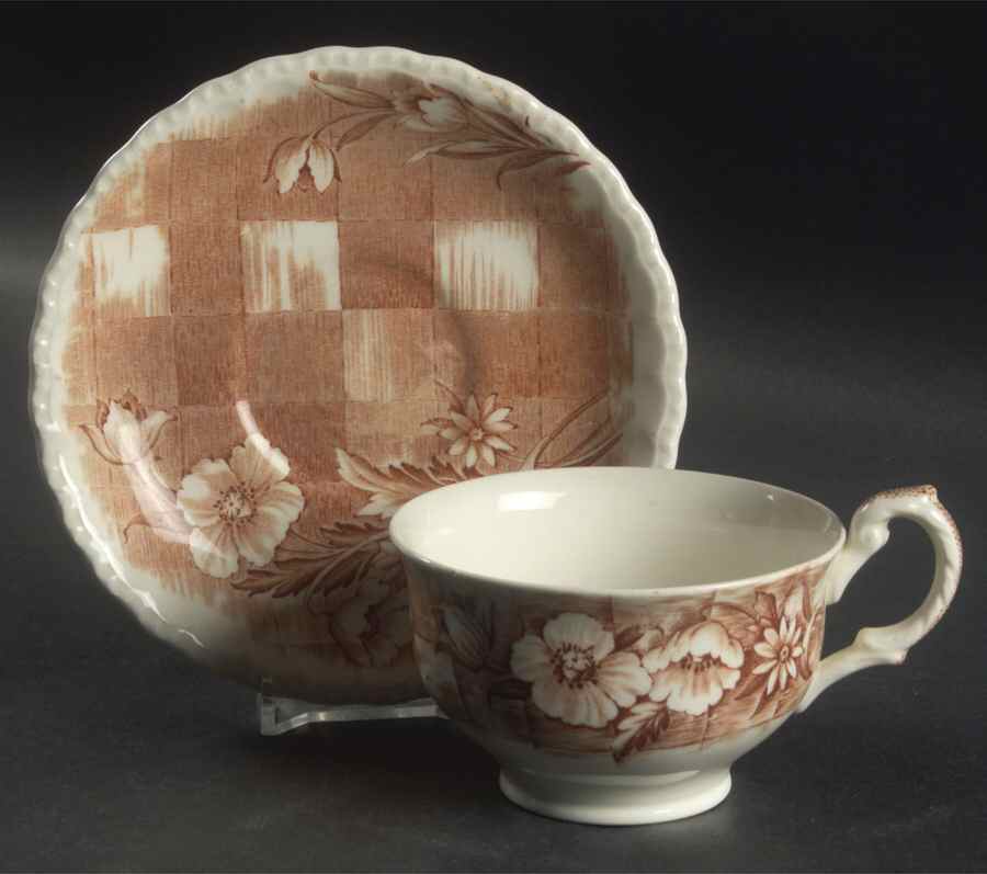 Trellis Brown Flat Cup & Saucer Set by Grindley-1