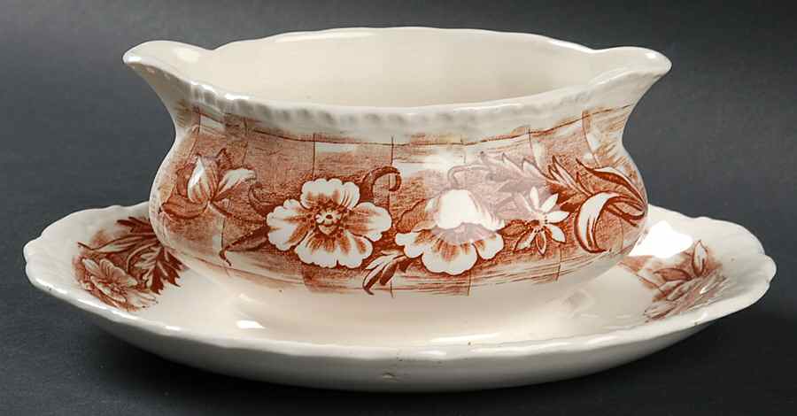 Trellis Brown Gravy Boat with Attached Underplate by Grindley-1