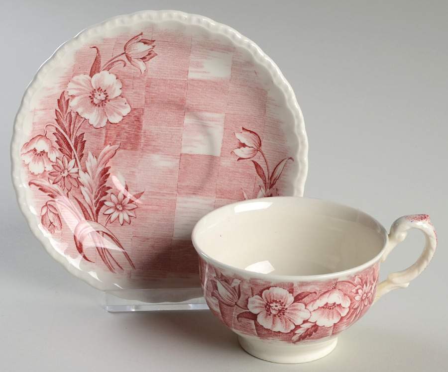 Trellis Pink Flat Cup & Saucer Set by Grindley-1
