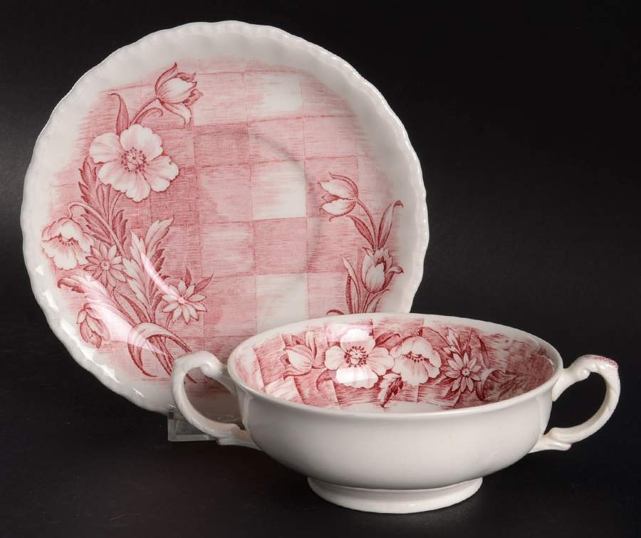 Trellis Pink Footed Cream Soup Bowl & Saucer Set by Grindley-1